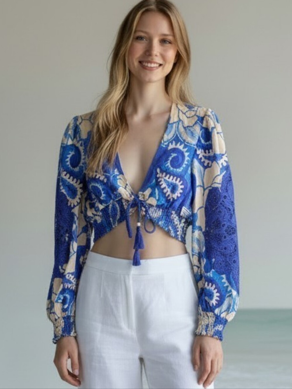 House of Harlow Blue Beige Floral Paisley Tie Front Linen Crop Top Women Size S
